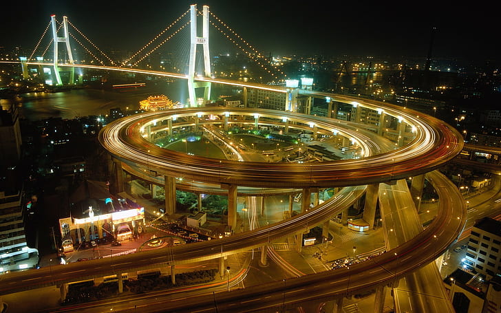 highway, long exposure, interchange, bridge, Shanghai, Nanpu Bridge, HD wallpaper