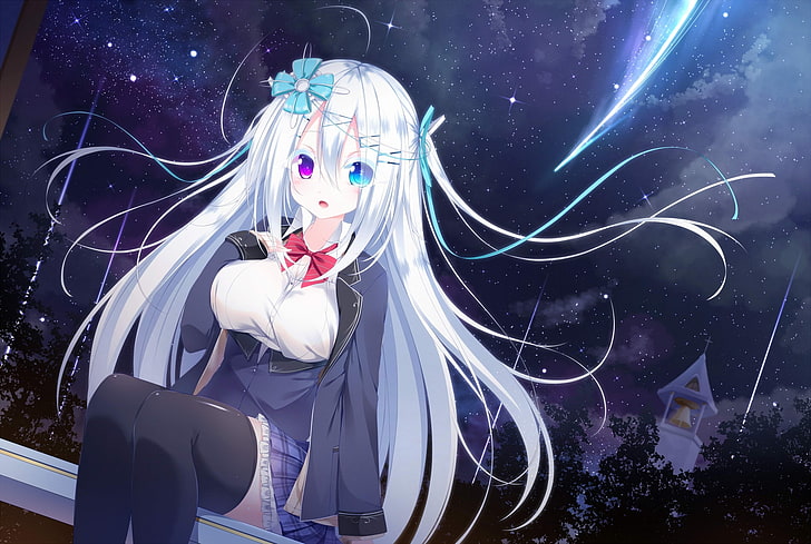 anime girl, bicolored eyes, falling star, sky, night, long hair