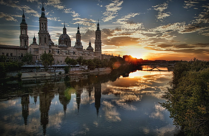 zaragoza, water, reflection, sky, sunset, architecture, built structure