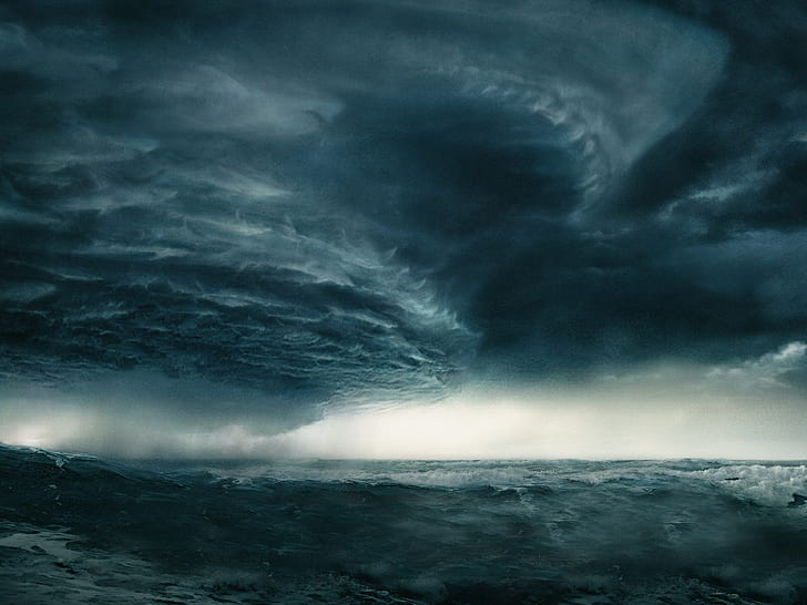 Storm Clouds Ocean Supercell Rain HD, body of water under cloudy sky, HD wallpaper