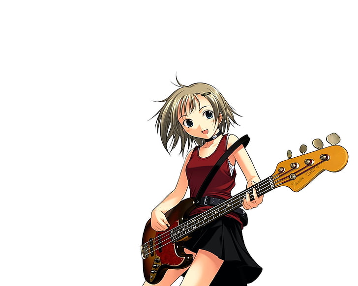 brown-haired female bass player anime character digital wallpaper