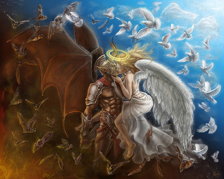 white angel kissing demon illustration, wings, the demon, pigeons