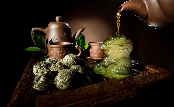 brown ceramic tea set, leaves, dragon, kettle, Cup, dishes, welding, HD wallpaper