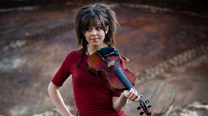 brown violin, Lindsey Stirling, portrait, one person, looking at camera