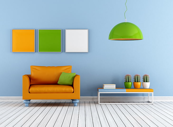 green pendant lamp, sofa, interior, couch, stylish design, Colorful lounge