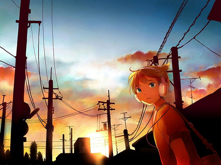 Anime Boys, headphones, Kagamine Len, Power Lines, Silhouette