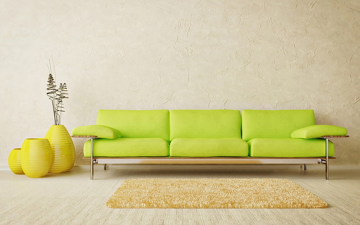 green fabric padded 3-seat sofa, interior, room, style, design