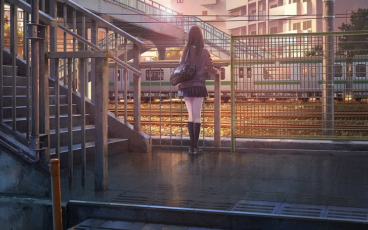 anime, train, school uniform, anime girls, one person, architecture, HD wallpaper