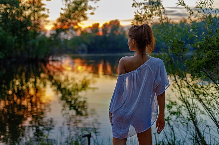 girl, nature, pose, river, blouse, shoulder, tunic, Leonid Mochulsky