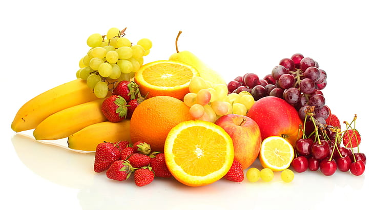 Fresh fruits, grapes, oranges, cherries, strawberries, banana, pears, apples, variety fruits, HD wallpaper