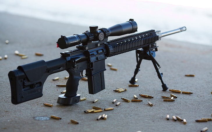 Armalite AR-10 Gun, black assault rifle, War & Army, bullets