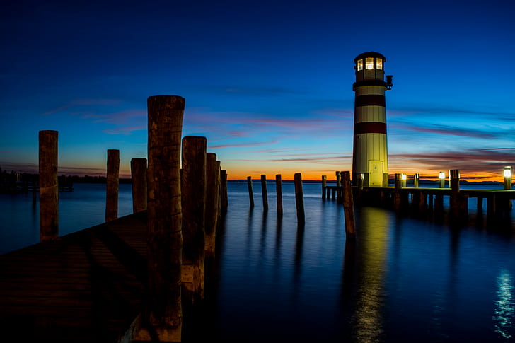 lighthouse near body of water during night time, just a way, blue  hour, HD wallpaper