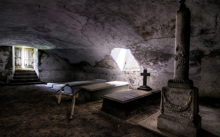 interior, sunlight, tomb, grave, cross, abandoned, stones, HDR