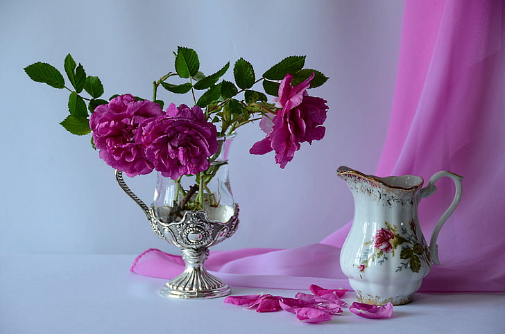 pink petaled flowers centerpiece, rose, petals, vase, pitcher