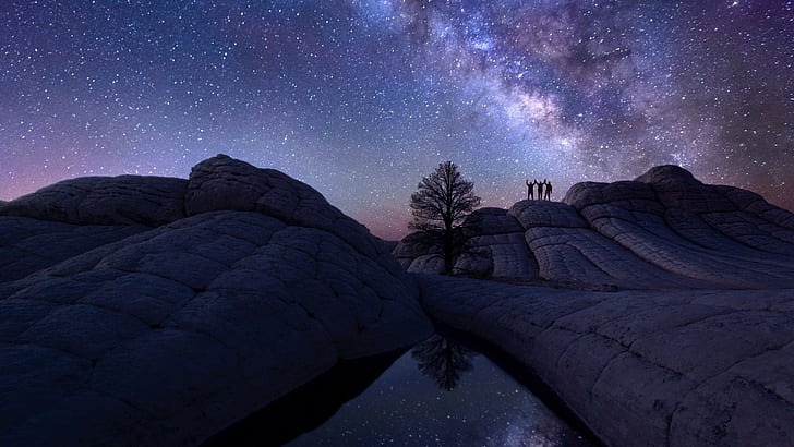 nature, landscape, water, clouds, night, stars, Milky Way, rock