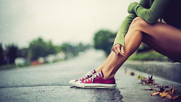 pair of red sneakers, photo of person wearing red low-top sneakers, HD wallpaper