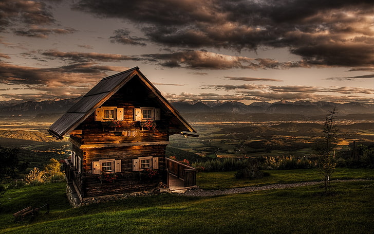 brown shed, landscape, house, sunrise, sunset, mountains, clouds, HD wallpaper