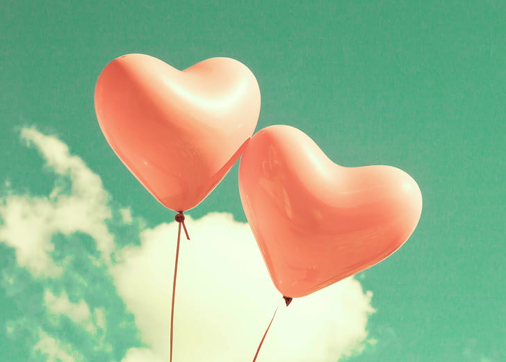 Heart balloons, 2 pcs red heart balloons, Love, sky, clouds, HD wallpaper