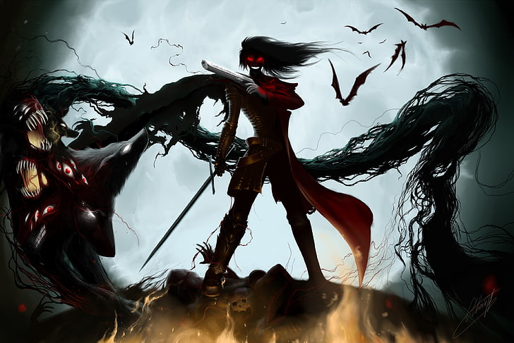 monster in red cape illustration, Hellsing, Alucard, demon, anime, HD wallpaper