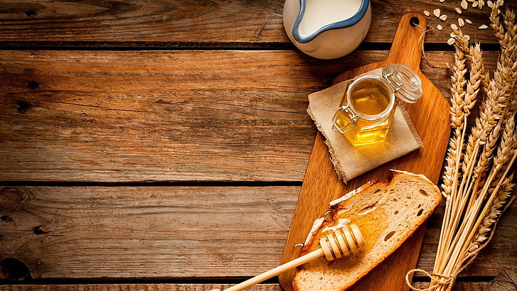 honey, breakfast, toast, milk, wood, wood - material, food and drink