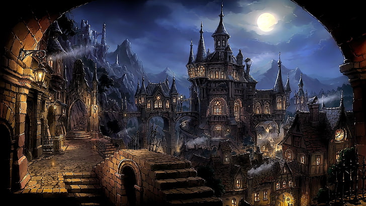 black castle painting, fantasy art, night, fan art, architecture