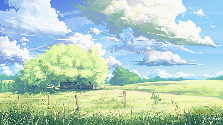 grass field under white cloudy sky illustration, fantasy art