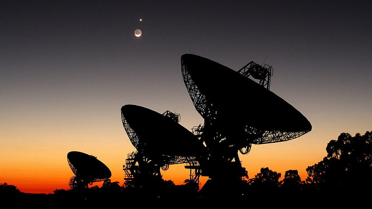 evening, antenna, silhouette, sky, sunset, satellite, technology, HD wallpaper