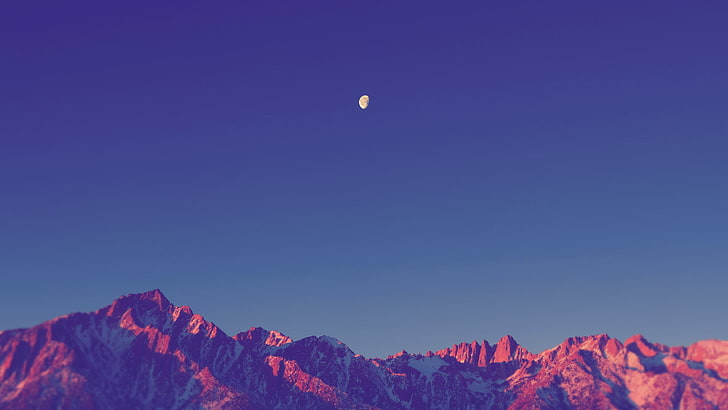 mountain digital wallpaper, moon over rocky mountain during dusk, HD wallpaper