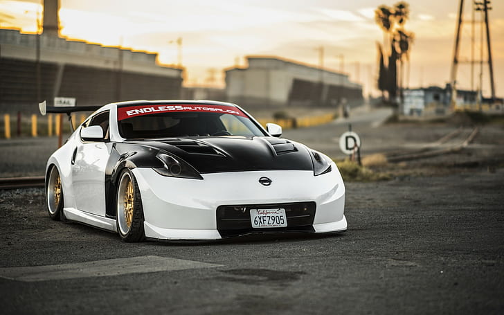 Nissan 370z Tuning car, white opel sports car, stance