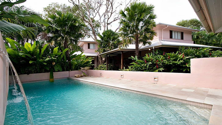 house, swimming pool, water, palm trees