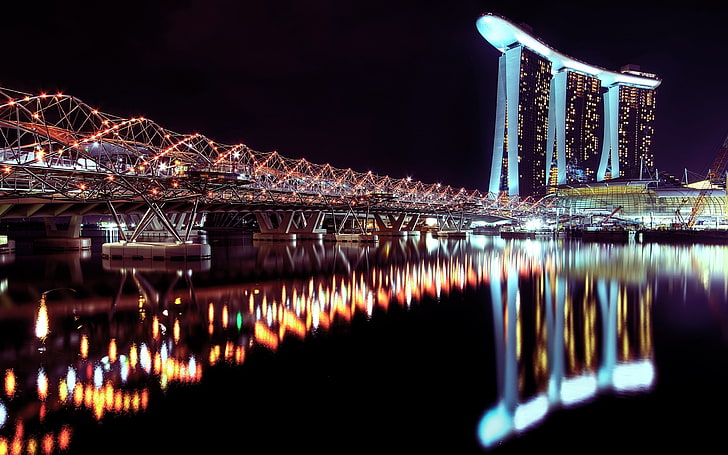 lights, Marina Bay, Singapore, reflection, building, architecture, HD wallpaper