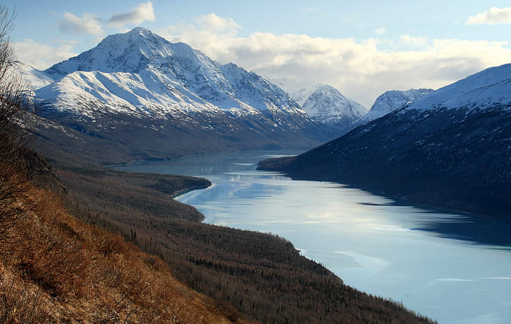 landscape photography of calm body of water in between mountain s, anchorage, alaska, anchorage, alaska, HD wallpaper