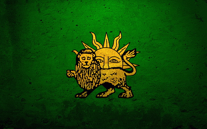 lion and sun illustration, animal, backgrounds, symbol, green Color, HD wallpaper
