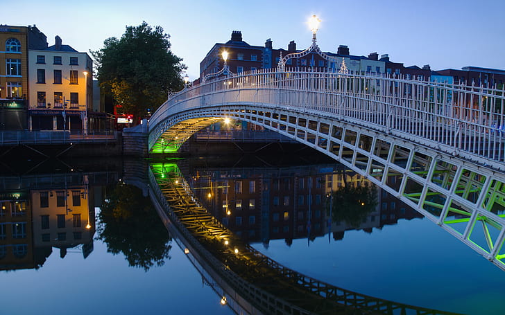 Ha'penny bridge and River Liffey at night Dublin Ireland, travel and world
