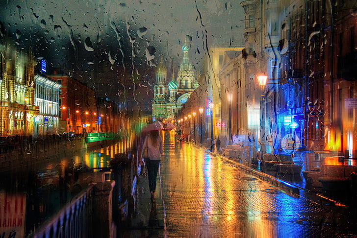 St. Bussells Cathedral,Moscow, Russia, girl, drops, rain, umbrella, HD wallpaper