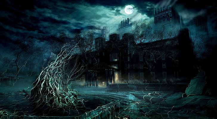 Dark Game Scene HD, black and gray haunted mansion illustration