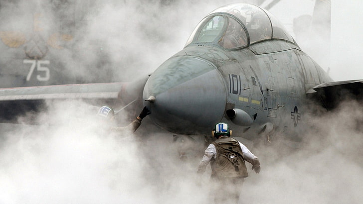 F-14 Tomcat, smoke, military aircraft, jet fighter, Grumman F-14 Tomcat
