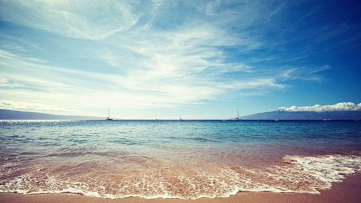 body of water, landscape, beach, sea, horizon, sailing ship, sky, HD wallpaper