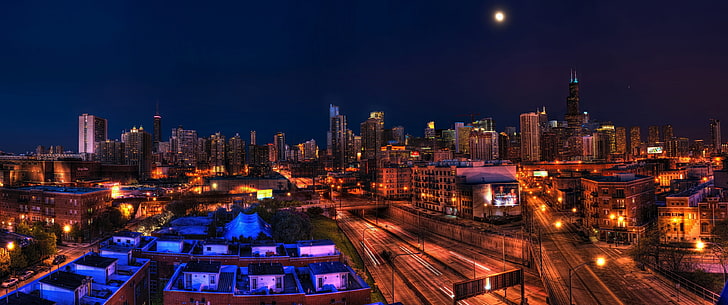 ultrawide, night, cityscape, Chicago, Illinois, architecture, HD wallpaper