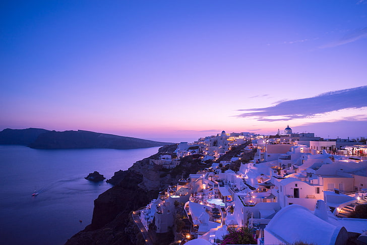 Santorini Greece, sea, sunset, lights, home, the evening, the island of Thira, HD wallpaper