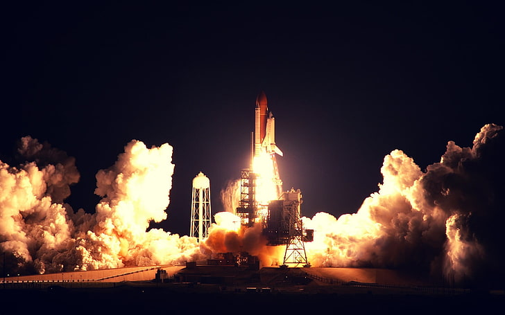 white and red rocket, Launch, space, spaceship, night, NASA, sky, HD wallpaper