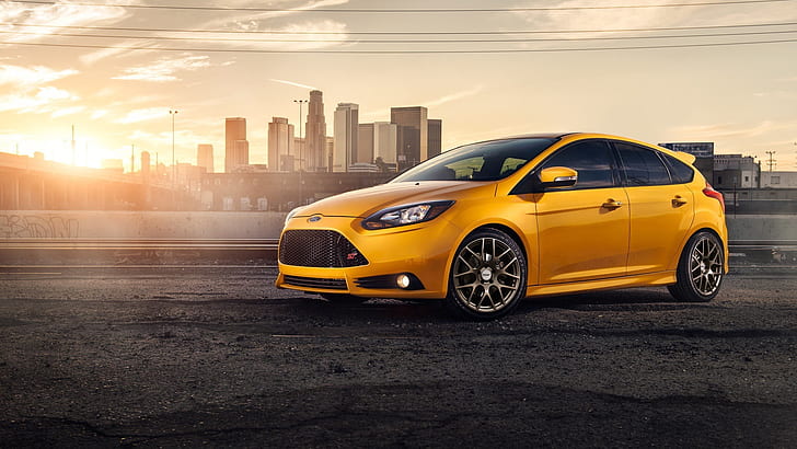 Yellow Ford Focus ST car side view, HD wallpaper
