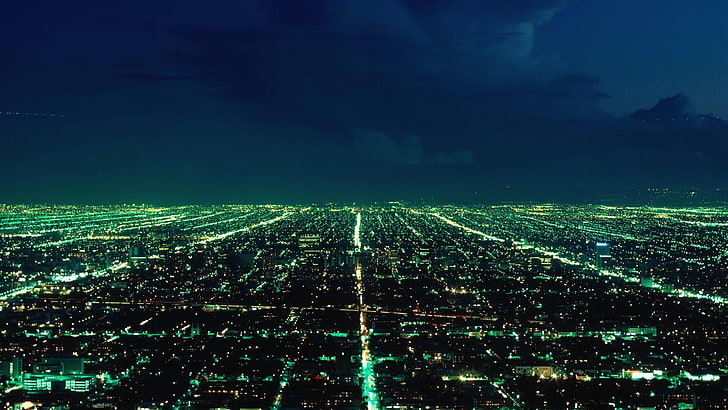 green lighted cityscape, lights, night, sky, illuminated, architecture, HD wallpaper