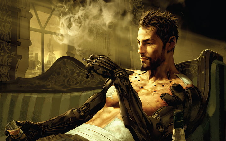 male animated illsutration, futuristic, Deus Ex: Human Revolution
