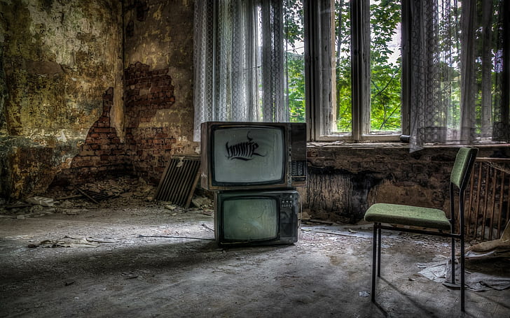 abandoned, Chair, hdr, Ruin, TV, HD wallpaper