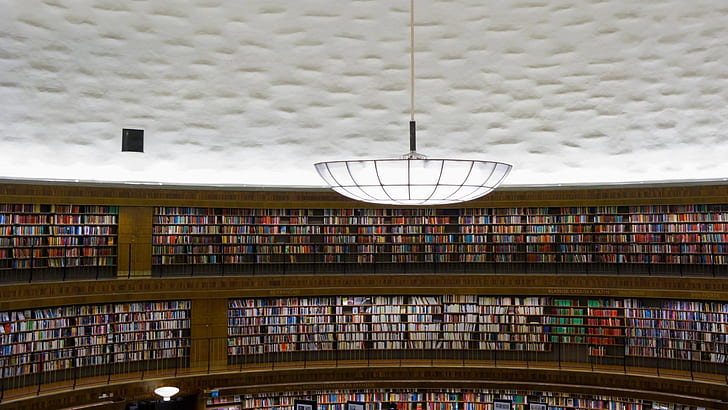 Stadsbiblioteket, Stockholm, library, many books, chandelier, HD wallpaper