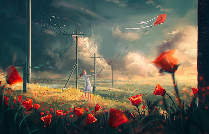 flowers, original characters, Sylar, kites, power lines, fantasy art