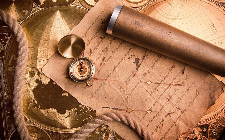 map, rope, journey, spyglass, compass, telescope, maps, old letters, HD wallpaper