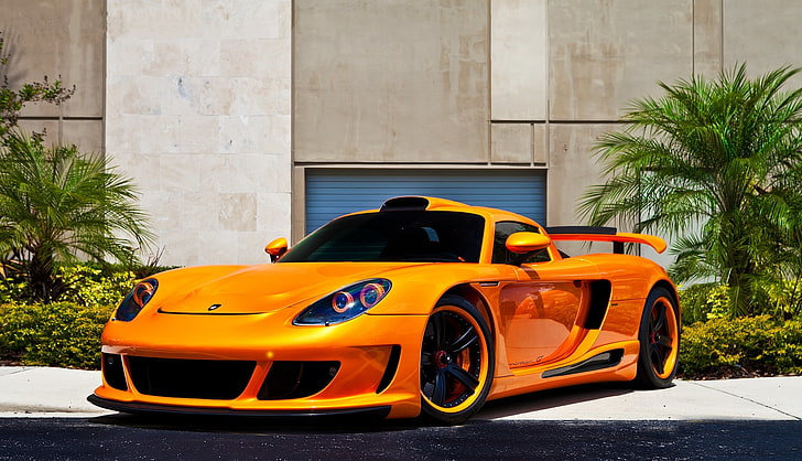 yellow coupe, flowers, orange, black, wall, drives, Porsche, front view