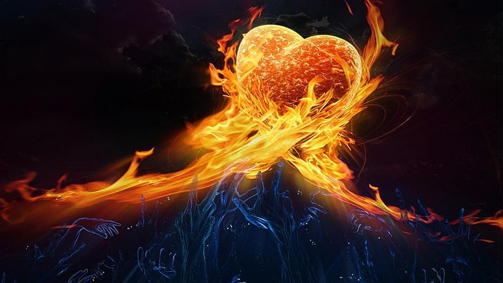 flame, fire, hands, heart, digital art, special effects, heat, HD wallpaper